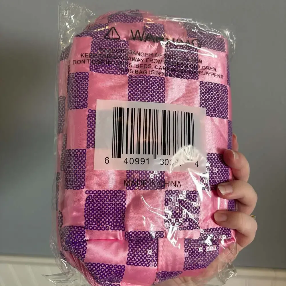 Pink and Purple Checkered Sequin Makeup Bag